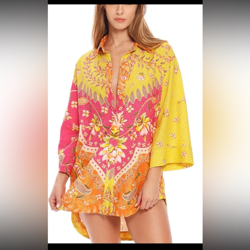 New Agua Bendita Chrissy Lula Multicolor Cover Up Shirt Dress S Small NWT